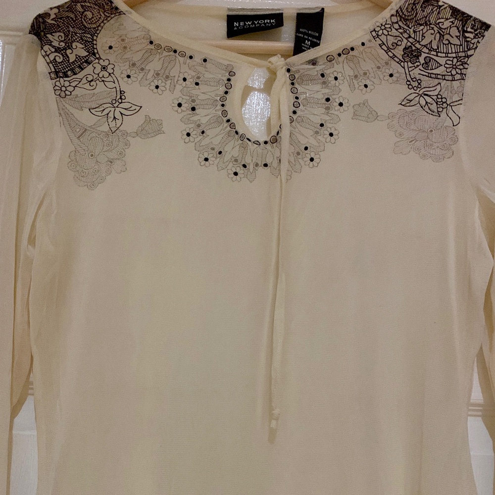 Women's Sheer Top- Creme with Black Prints